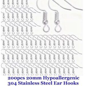 200pcs 20mm Hypoallergenic 304  Stainless Steel Ear Hooks